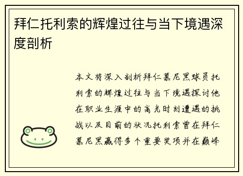 拜仁托利索的辉煌过往与当下境遇深度剖析